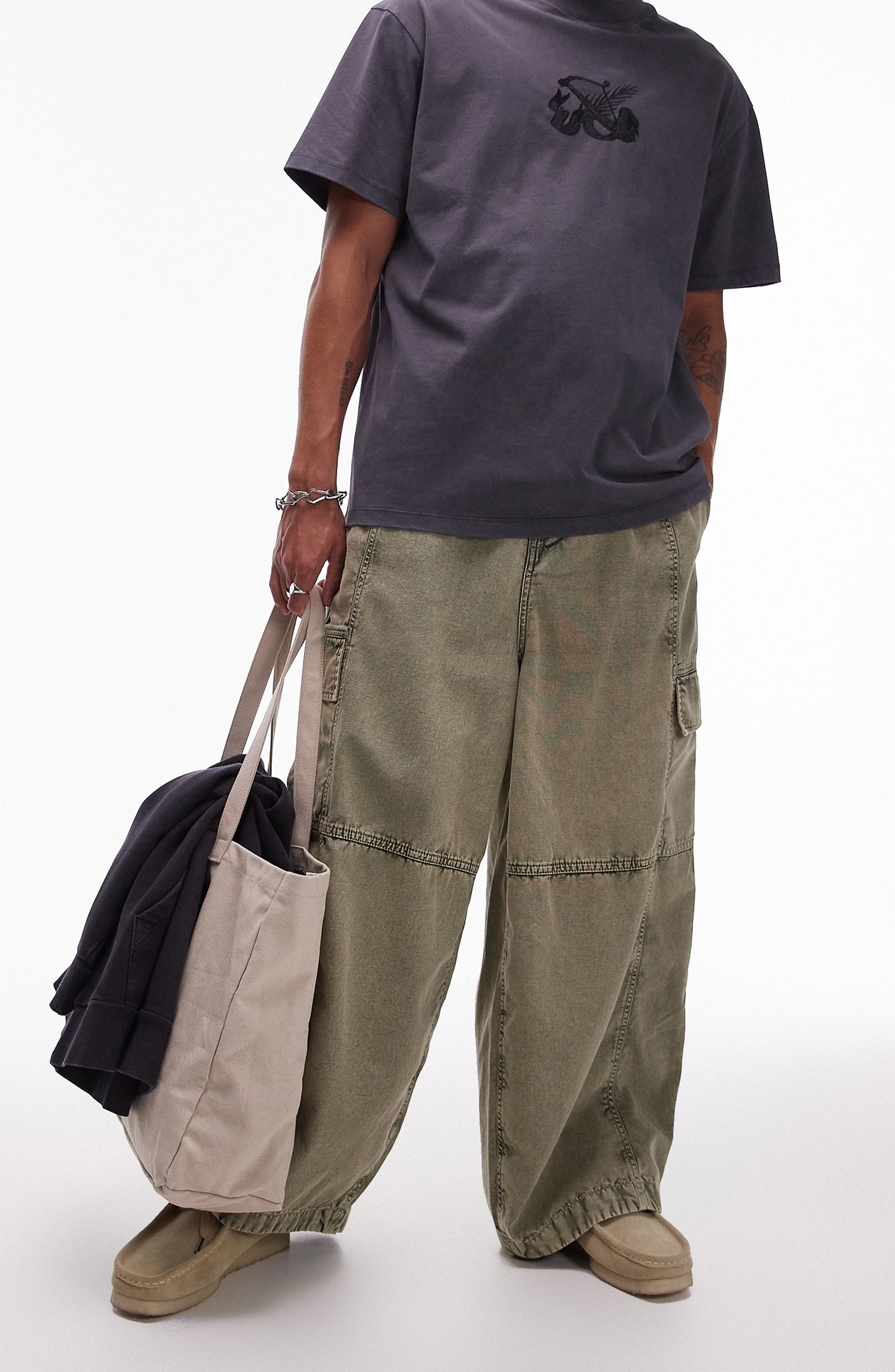 Topman Drop Crotch Wide Leg Cargo Jeans in Khaki Green 