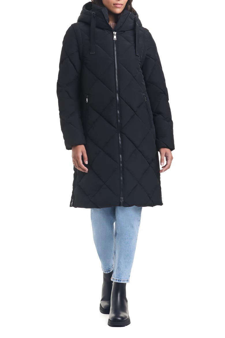 Longline Hooded Puffer Coat with Removable Sleeves, Main, color, BLACK