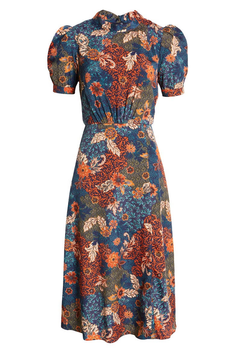 Floral Puff Sleeve A-Line Midi Dress, Alternate, color, NAVY MULTI