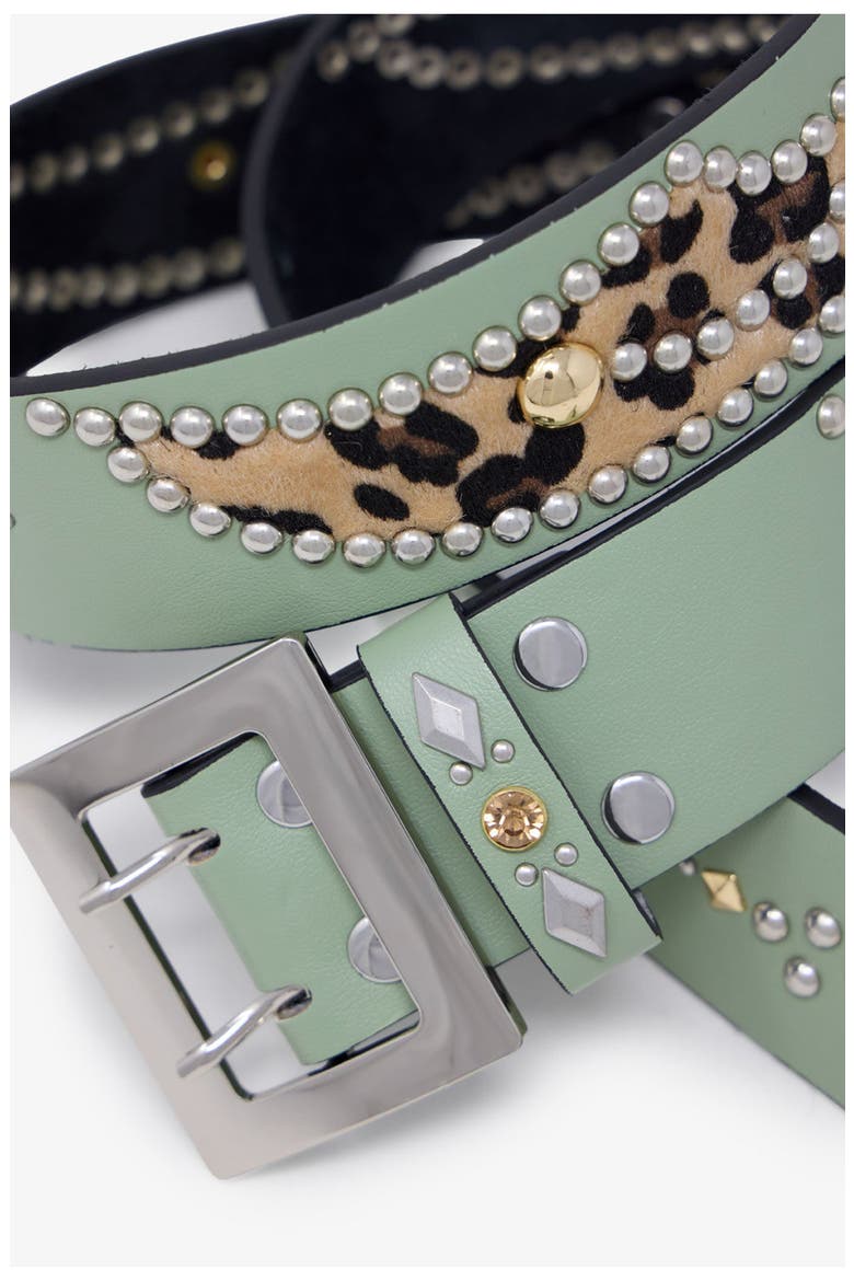 Leopard Stud Leather Belt, Alternate, color, SAGE/ CHEETAH