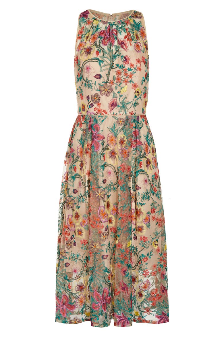 Floral Embroidered Fit & Flare Midi Dress, Alternate, color, BRIGHT ROSE MULTI