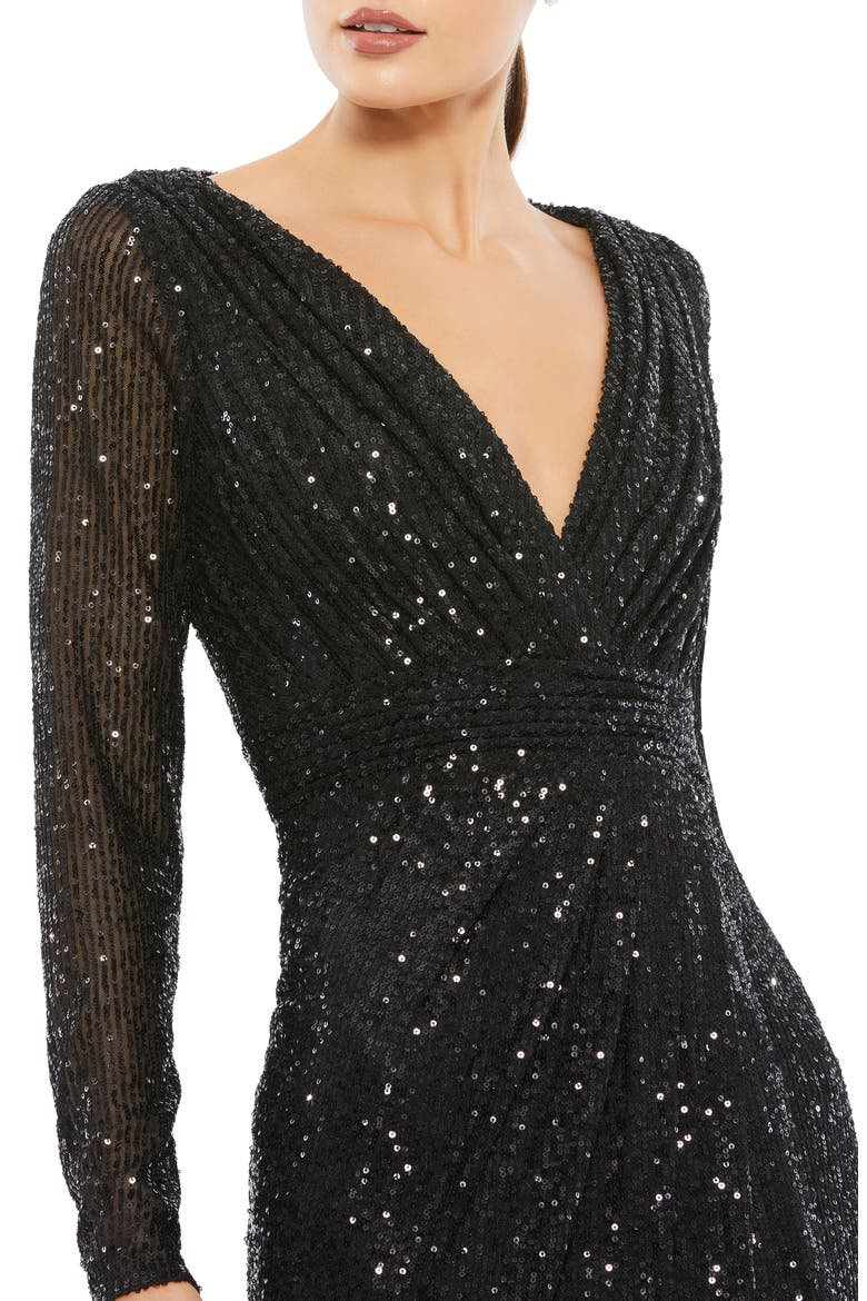 Sequined Long Sleeve High Slit  Gown, Alternate, color, BLACK