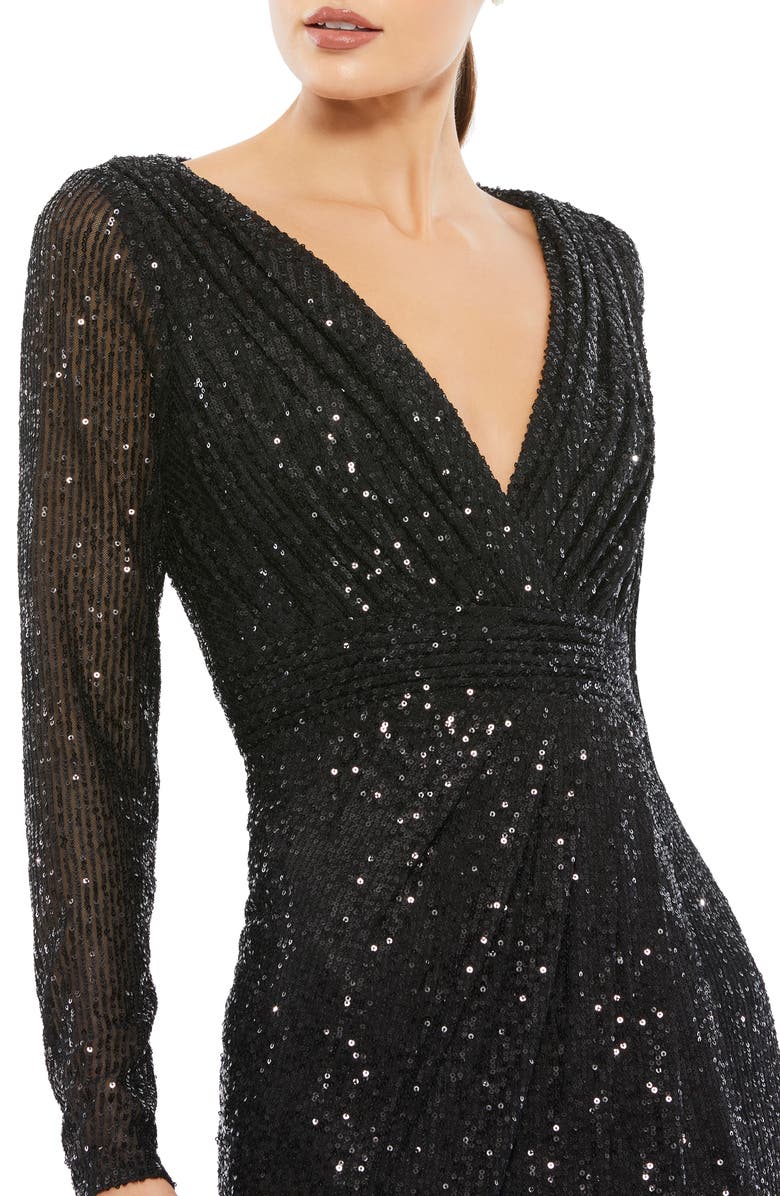 Ieena for Mac Duggal Sequin Long Sleeve Faux Wrap Gown, Alternate, color,