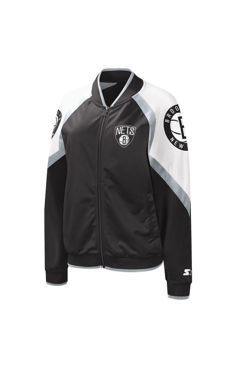 Women's Starter Black/Silver Brooklyn Nets Fan Girl Satin Raglan Full-Zip Jacket, Alternate, color, Black
