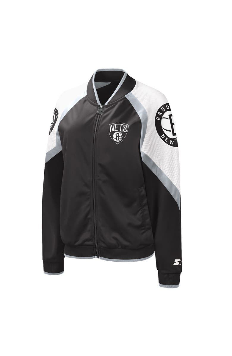 STARTER Women's Starter Black/Silver Brooklyn Nets Fan Girl Satin Raglan Full-Zip Jacket, Alternate, color, Black