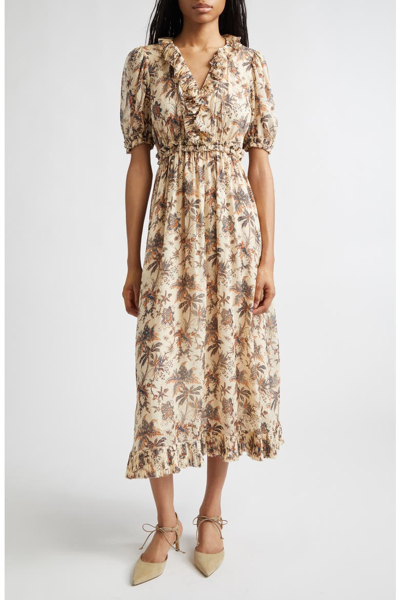 Rosamude Floral Puff Sleeve Midi Dress, Main, color, CAMEO