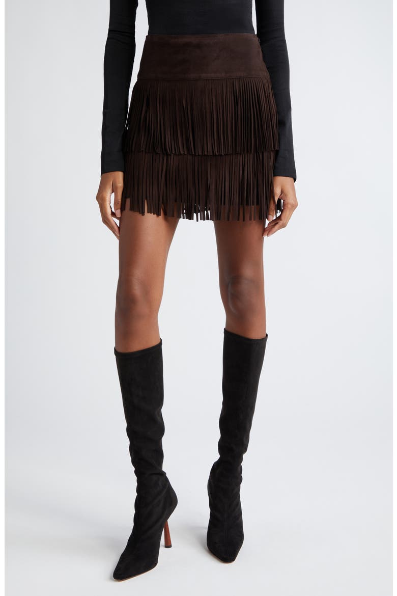 Leather Fringe Miniskirt, Main, color, CHOCOLATE