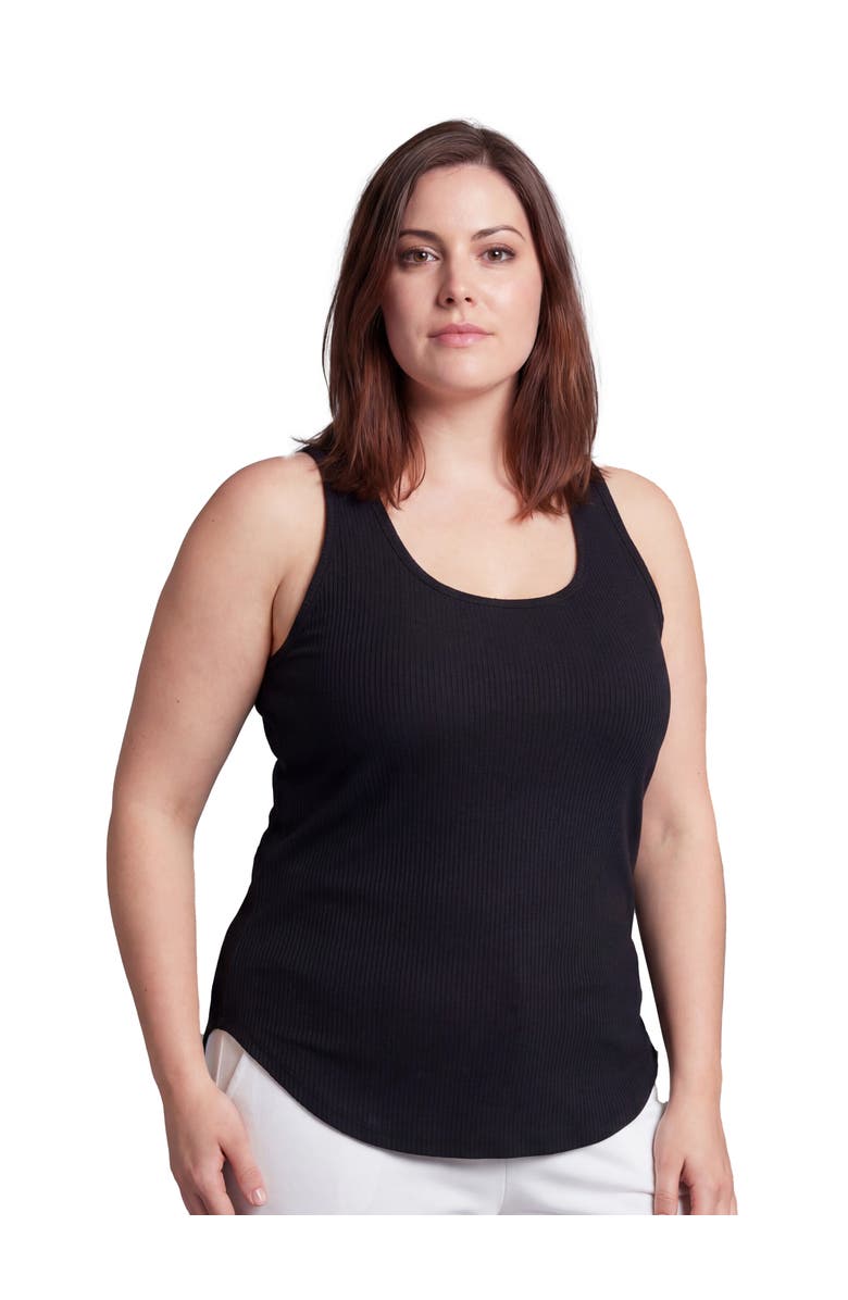 24seven Comfort Apparel Curvy Basic Ribbed Knit Sleeveless Scoop Neck Long Flared Tank Top, Main, color, Black