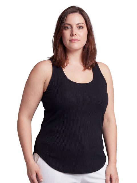 Curvy Basic Ribbed Knit Sleeveless Scoop Neck Long Flared Tank Top
