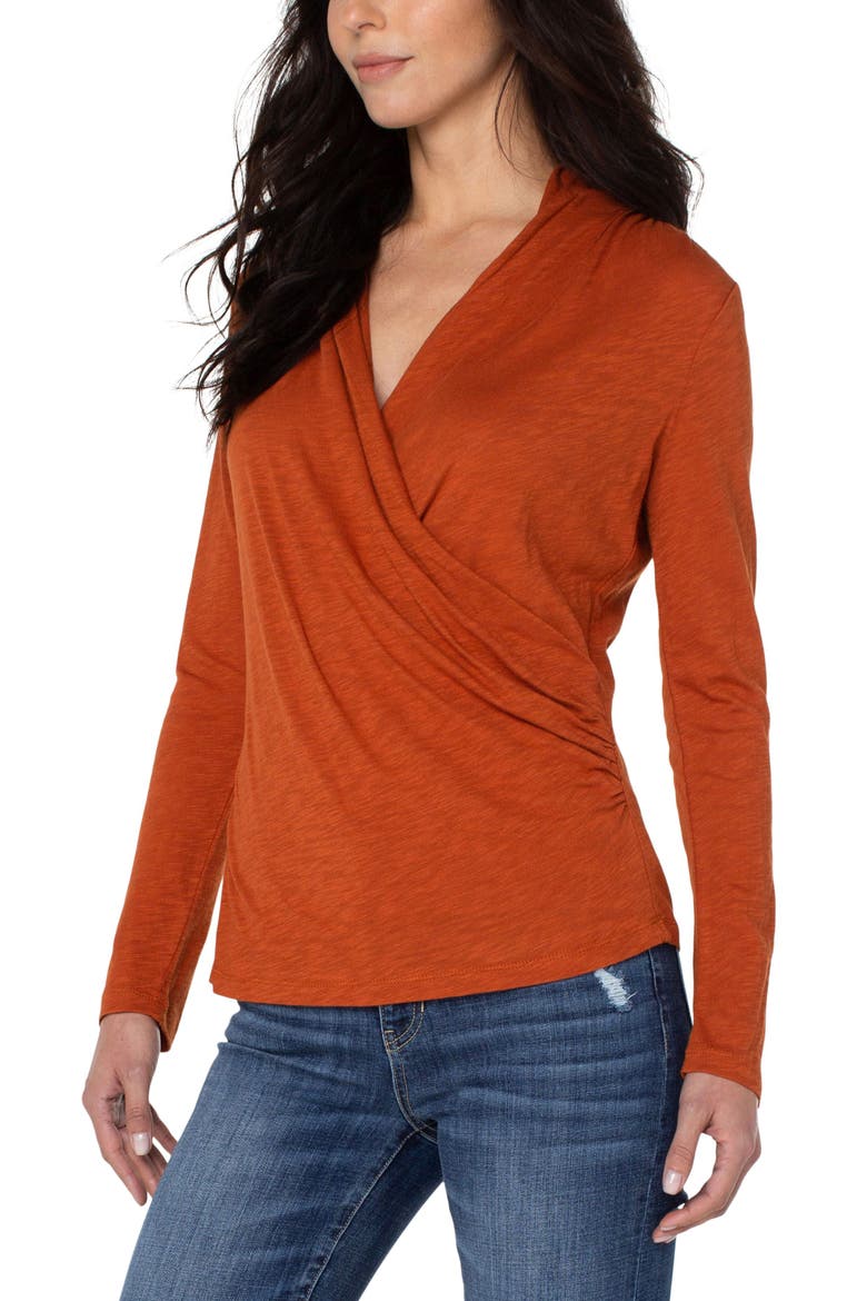 Faux Wrap Long Sleeve Slub Knit Top, Main, color, HENNA