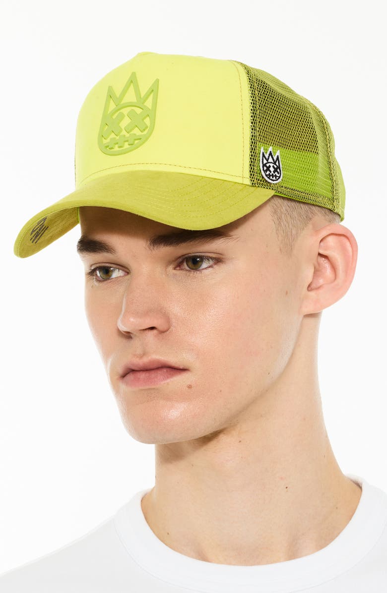 Cult of Individuality Logo Mesh Back Suede Trucker Hat, Alternate, color, Neon Yellow