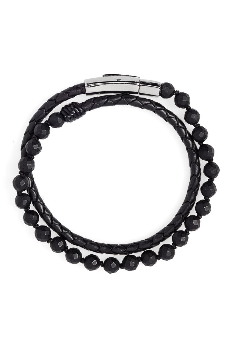Hand Knotted Onyx & Leather Bracelet, Main, color, BLACK
