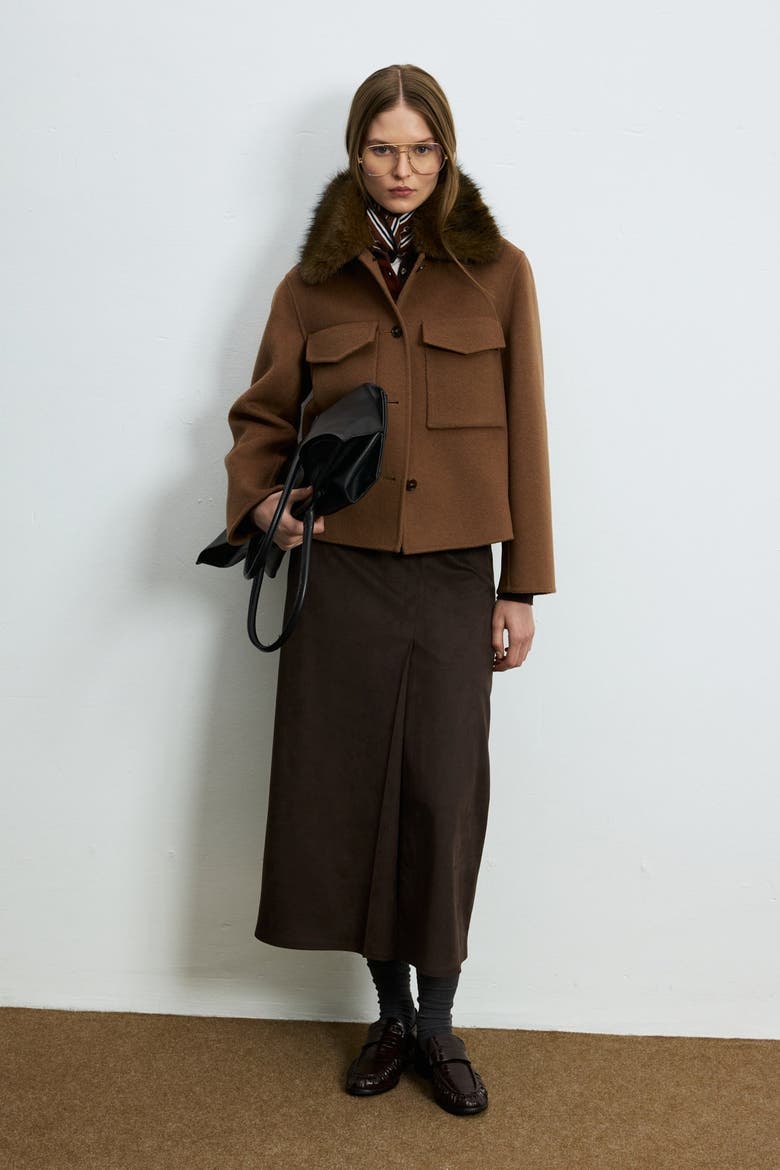 Women's Wool-blend Button-front Shirt Jacket With Removable Fur Collar, Alternate, color, Camel