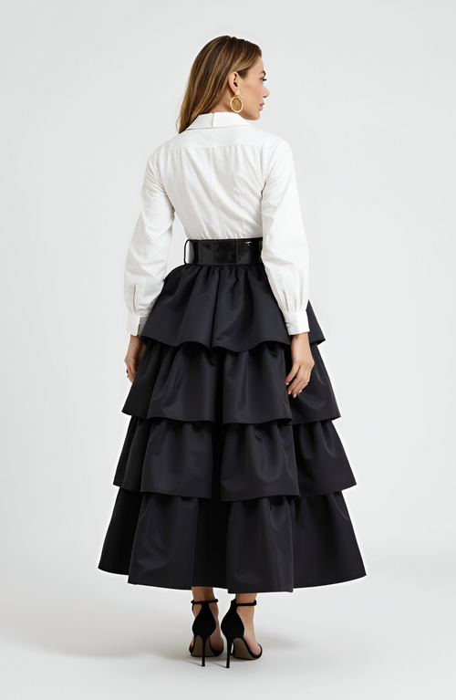 Modenaire Tiered Ruffle Midi Skirt With Wide Belt And Layered Hem In Black