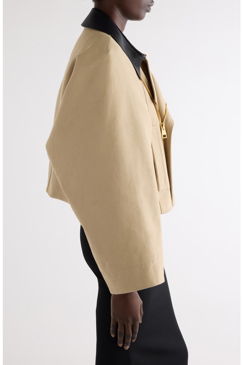 Leather Collar Gabardine Crop Trench Jacket, Alternate, color, BEIGE