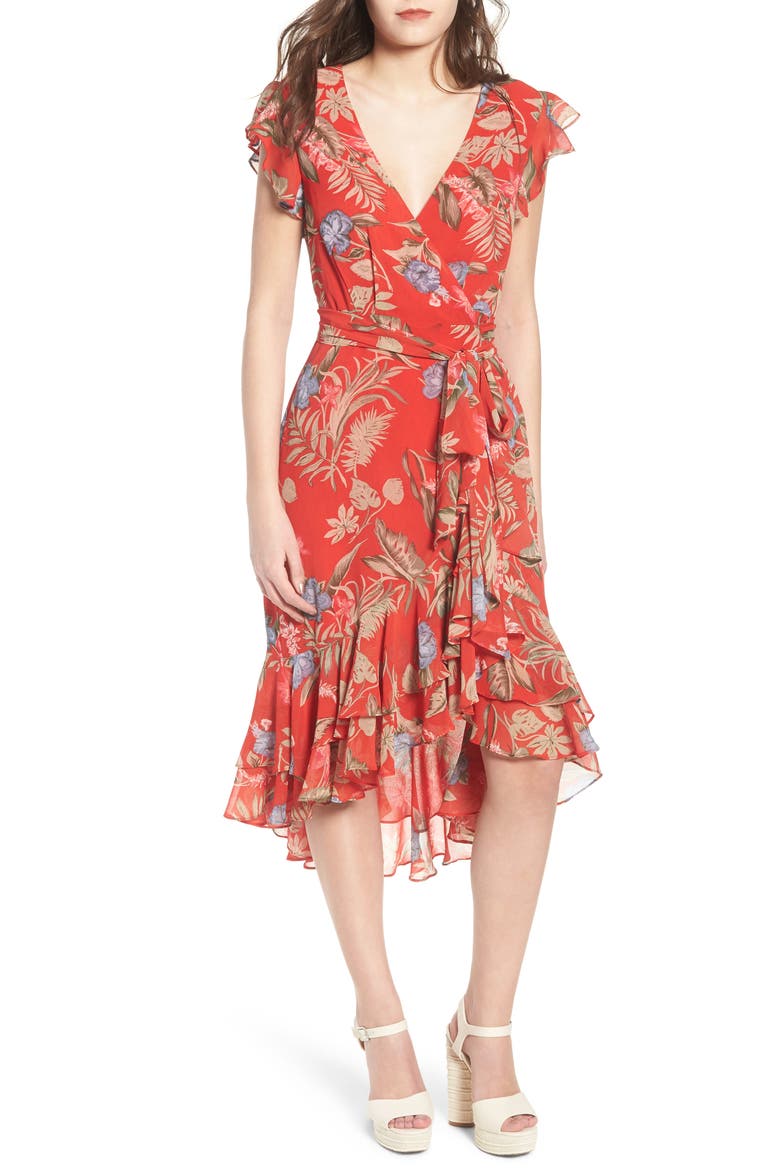 Clara Ruffle Wrap Dress, Main, color, RED TROPICAL