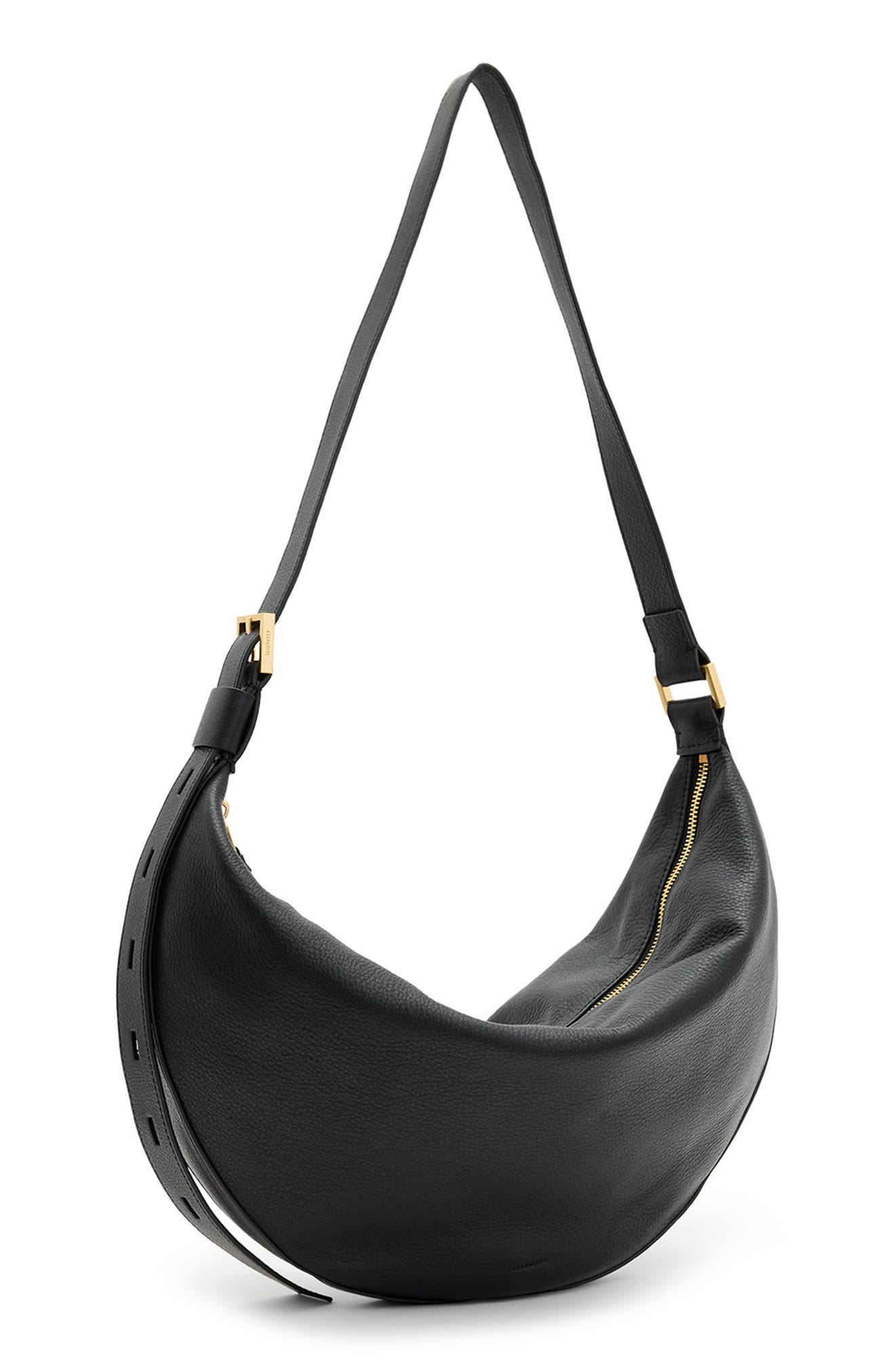AllSaints Half Moon Leather Shoulder Bag, Alternate, color, Black