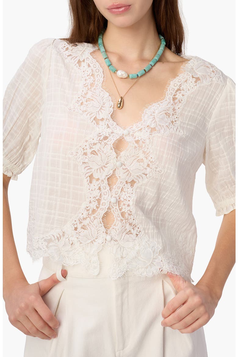Junie Eyelash Lace Trim Cotton & Silk Top, Main, color, WHITE
