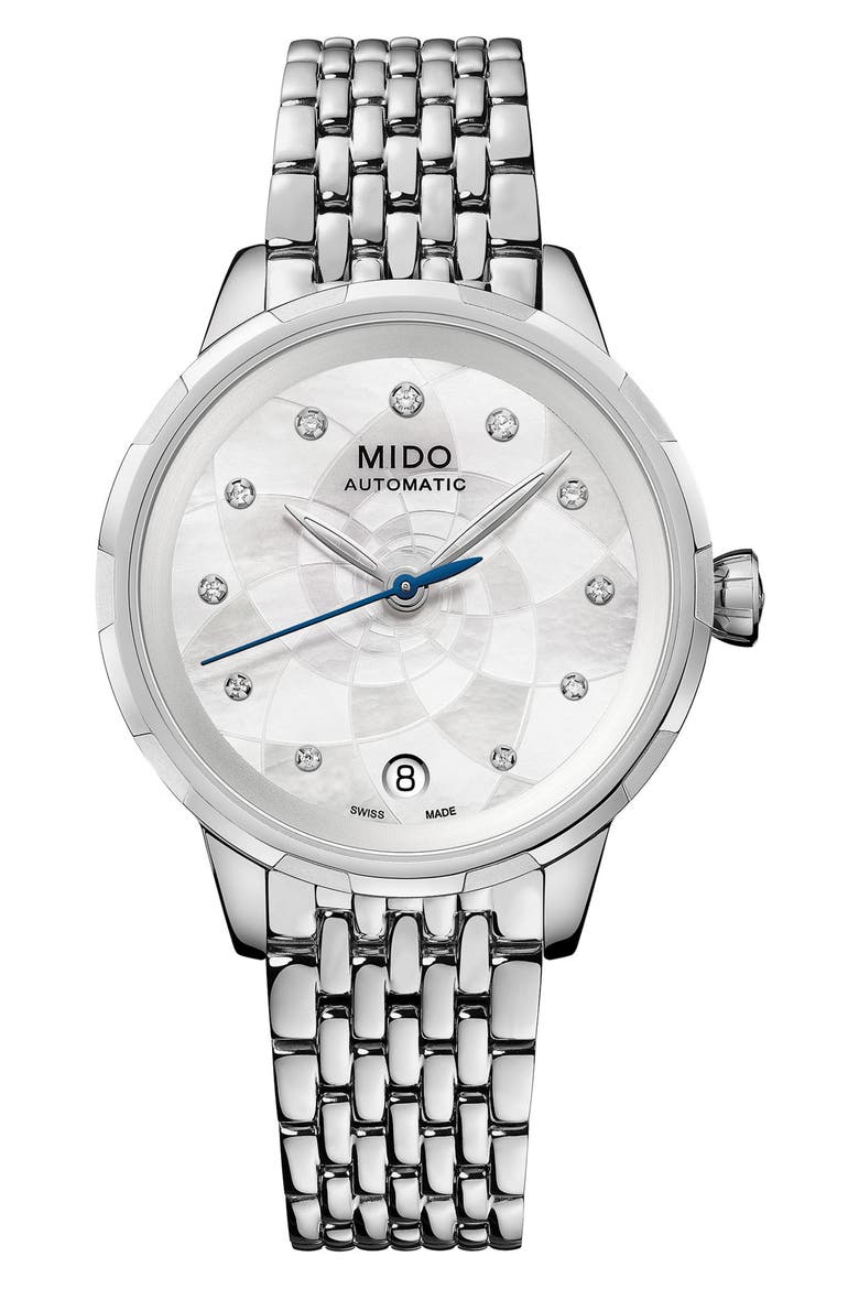Rainflower Diamond Automatic Bracelet Watch, 34mm, Main, color, WHITE MOTHER OF PEARL