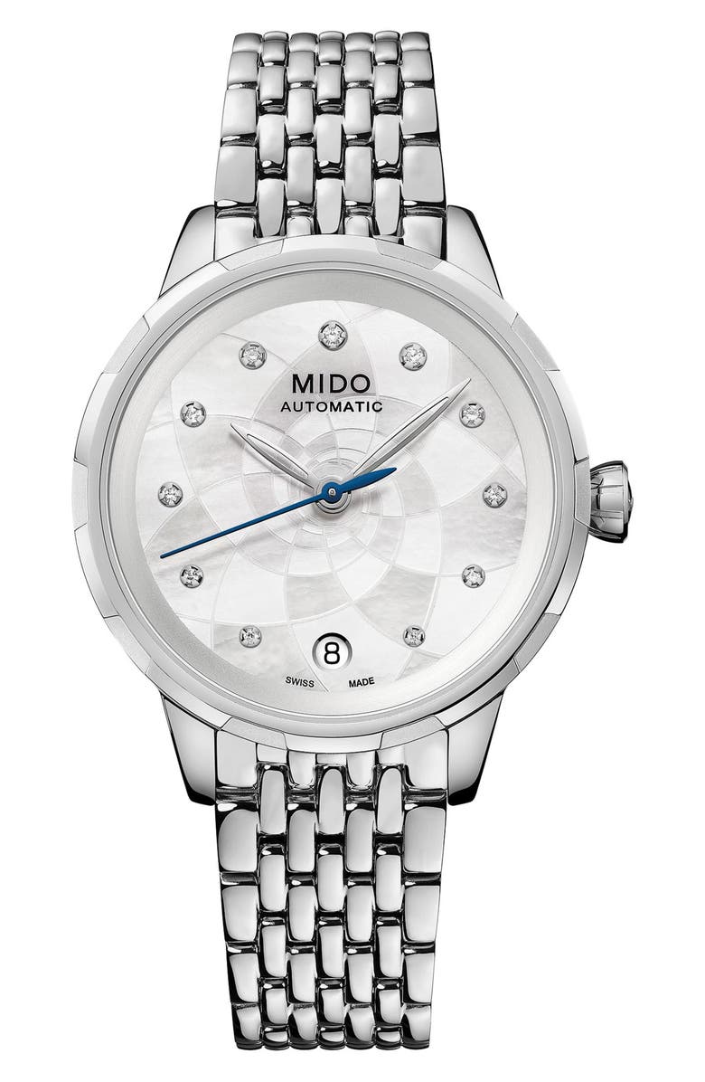 MIDO Rainflower Diamond Automatic Bracelet Watch, 34mm, Main, color, White Mother Of Pearl