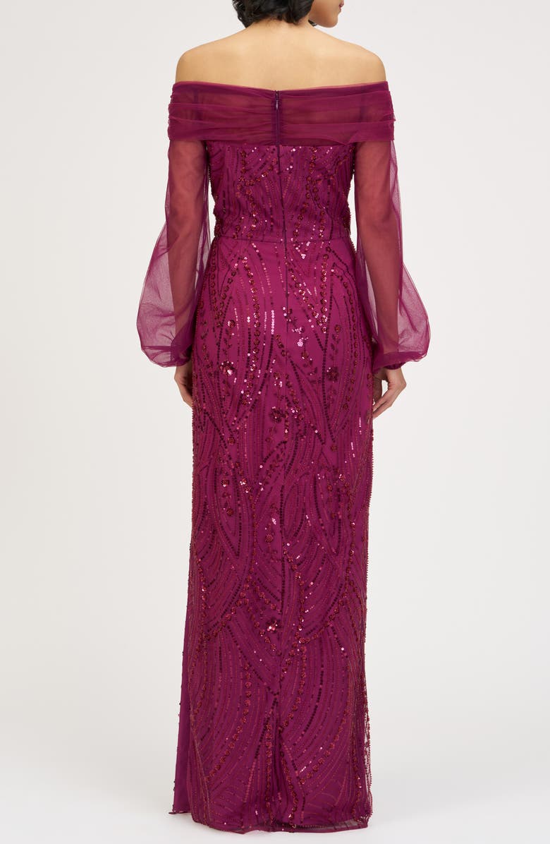 JS Collections Savannah Embellished Off the Shoulder Long Sleeve Chiffon Column Gown, Alternate, color, Raspberry