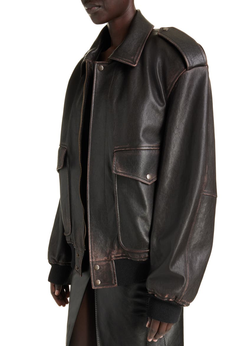 Oversize Lambskin Leather Bomber Jacket, Alternate, color, REGLISSE/ AUBURN