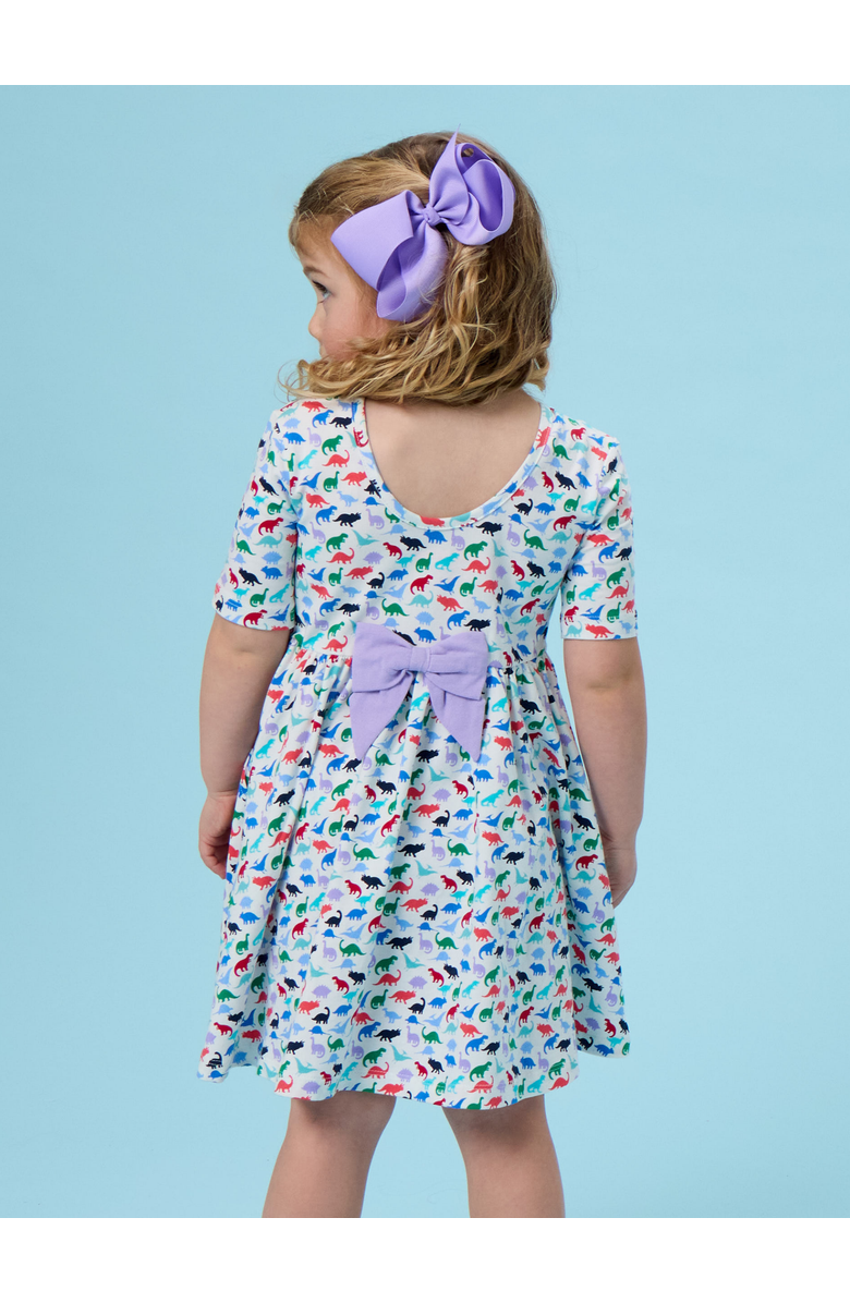 RuffleButts Knit Short Sleeve Twirl Dress, Alternate, color, Dino Roar