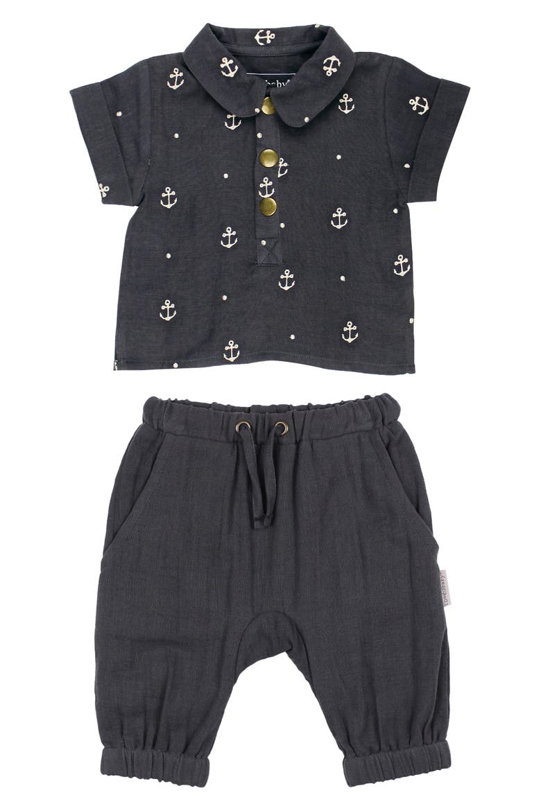 Organic Cotton Muslin Anchor Print Polo & Harem Pants Set, Main, color, CHIA ANCHOR