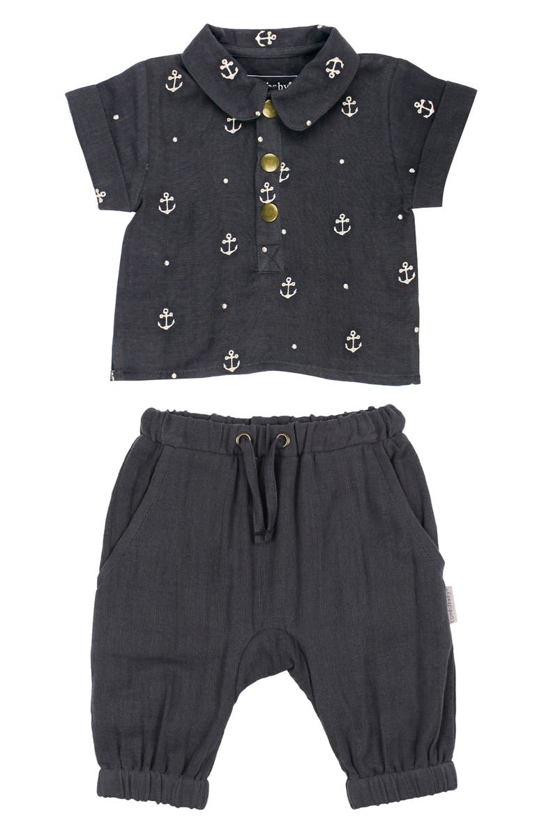 L'ovedbaby Organic Cotton Muslin Anchor Print Polo & Harem Pants Set, Main, color, 