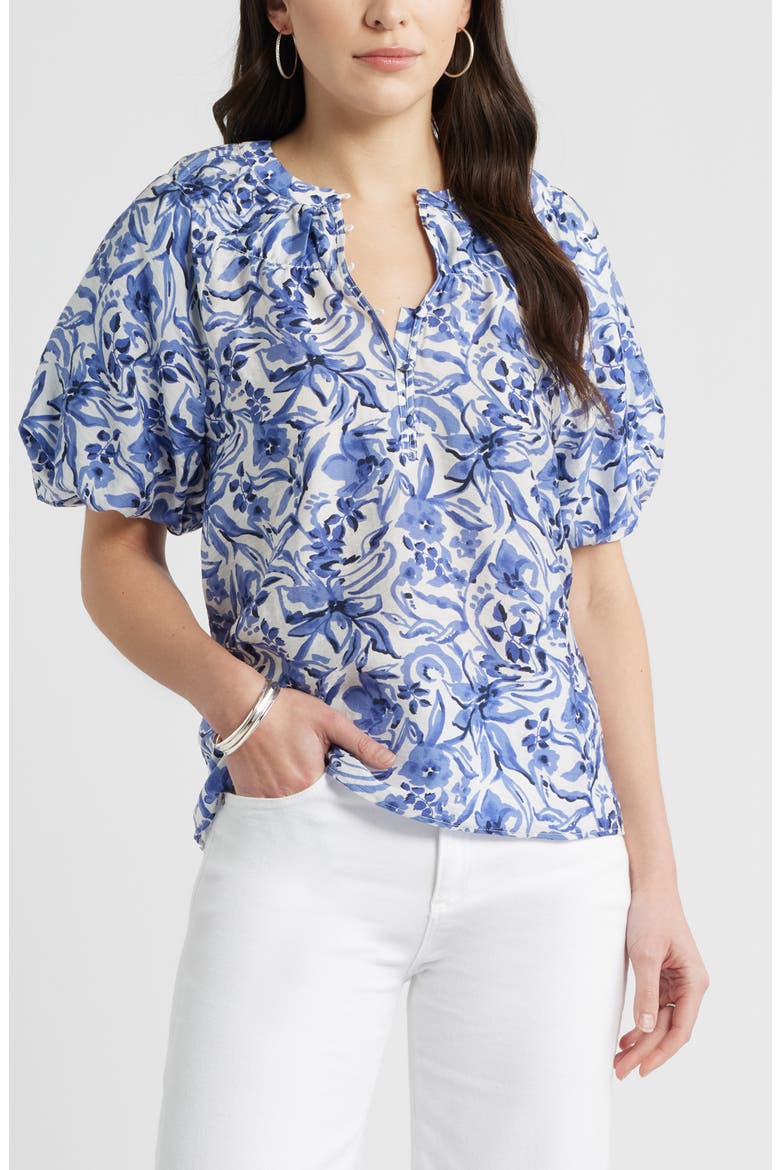 Puff Sleeve Top, Main, color, IVORY- NAVY DAISY GARDEN
