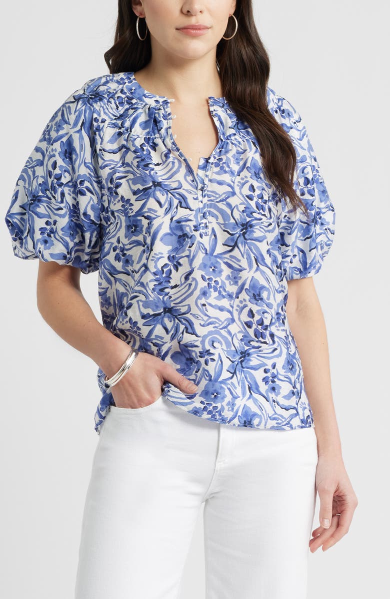 Caslon<sup>®</sup> Puff Sleeve Top, Main, color, Ivory- Navy Daisy Garden