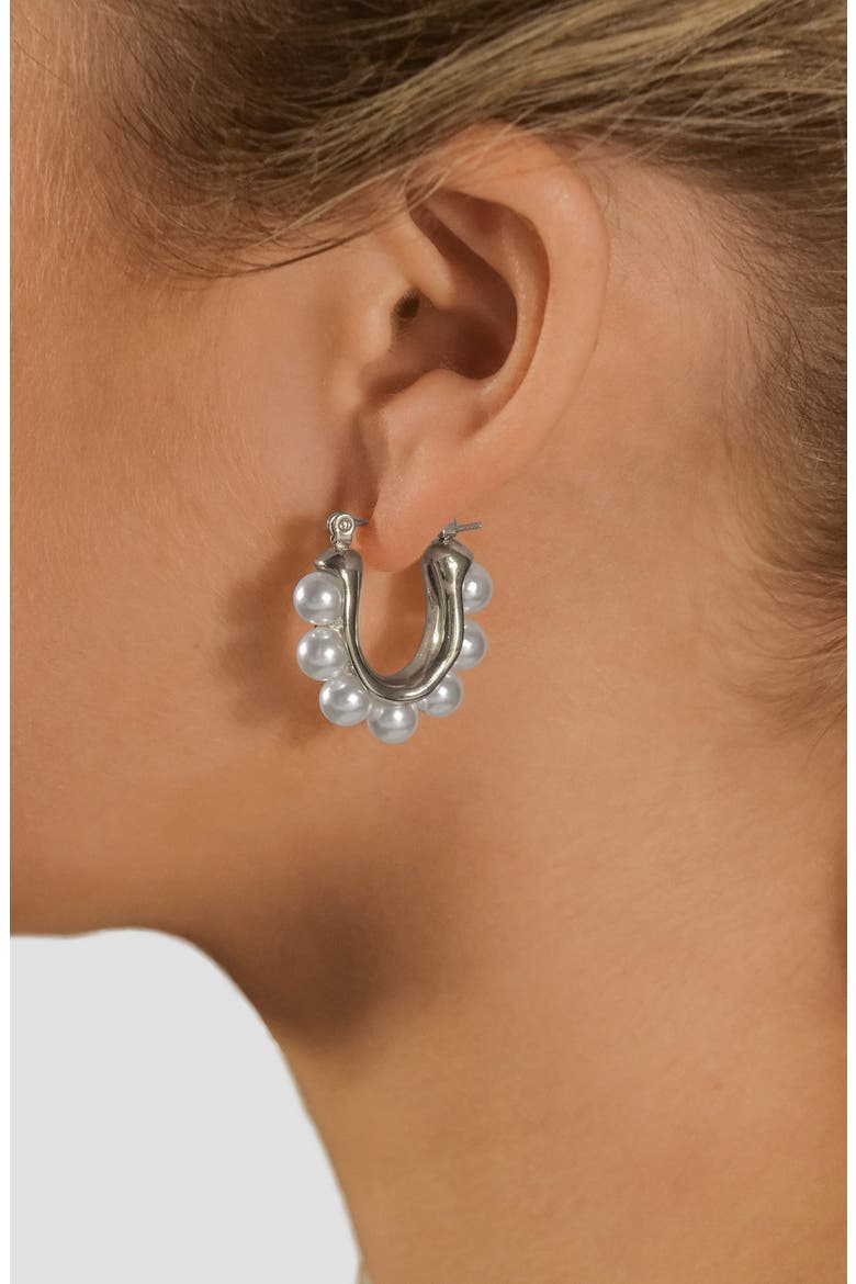 Faux Pearl Hoop Earrings, Alternate, color, SILVER