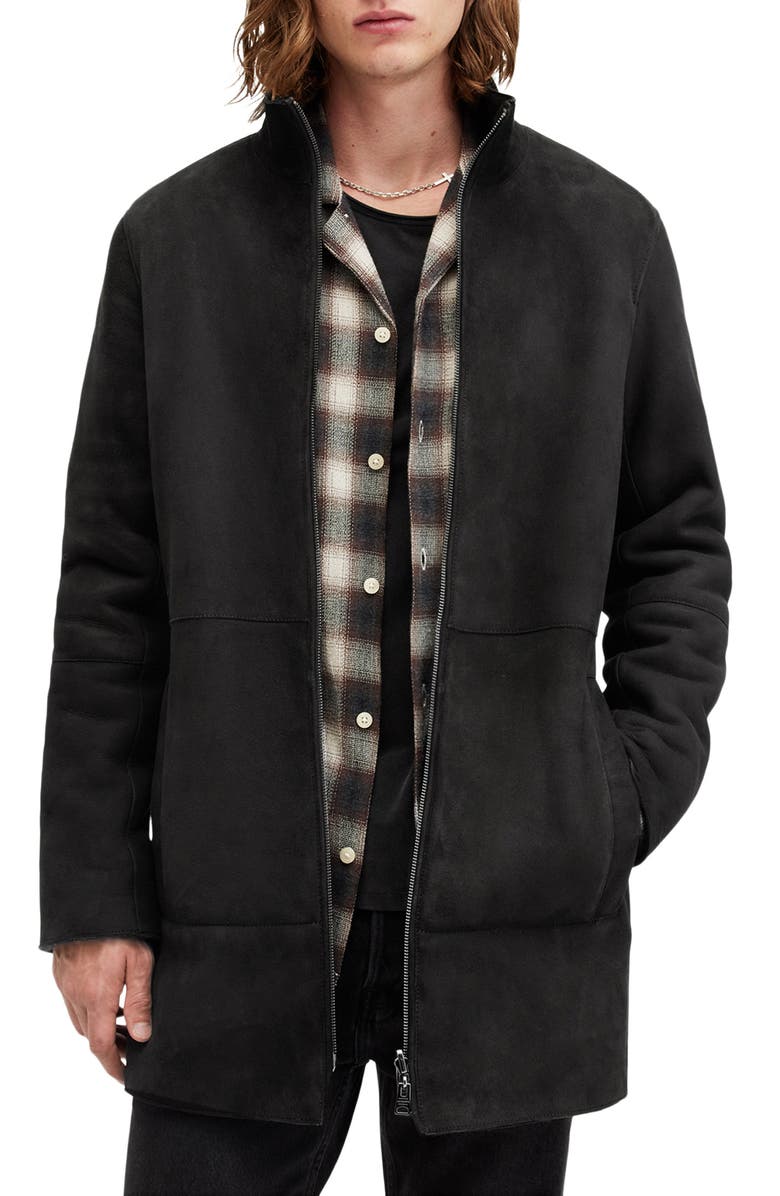 AllSaints Stride Funnel Neck Genuine Shearling Coat, Main, color, 