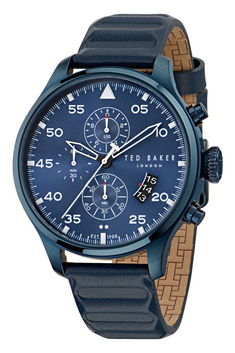 Fulmaar Chronograph Leather Strap Watch, 44mm, Main, color, BLUE