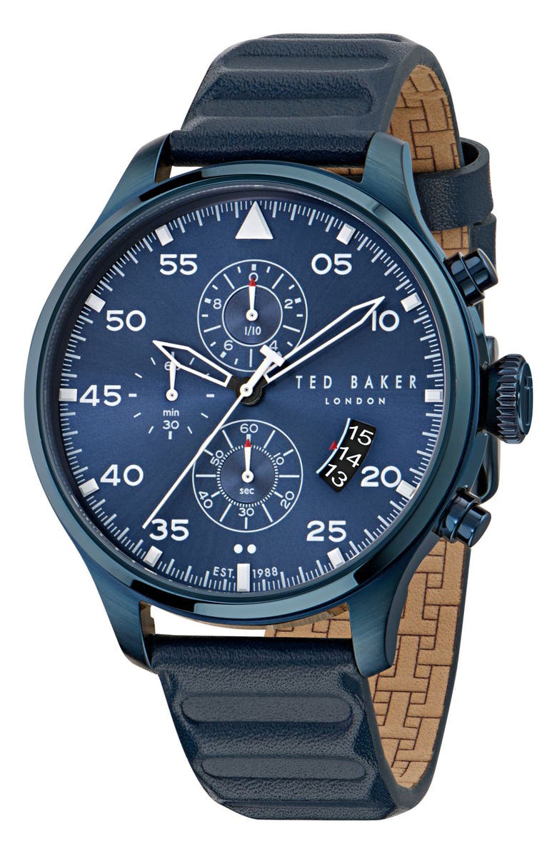 Ted Baker Fulmaar Chronograph Leather Strap Watch, 44mm, Main, color, Blue