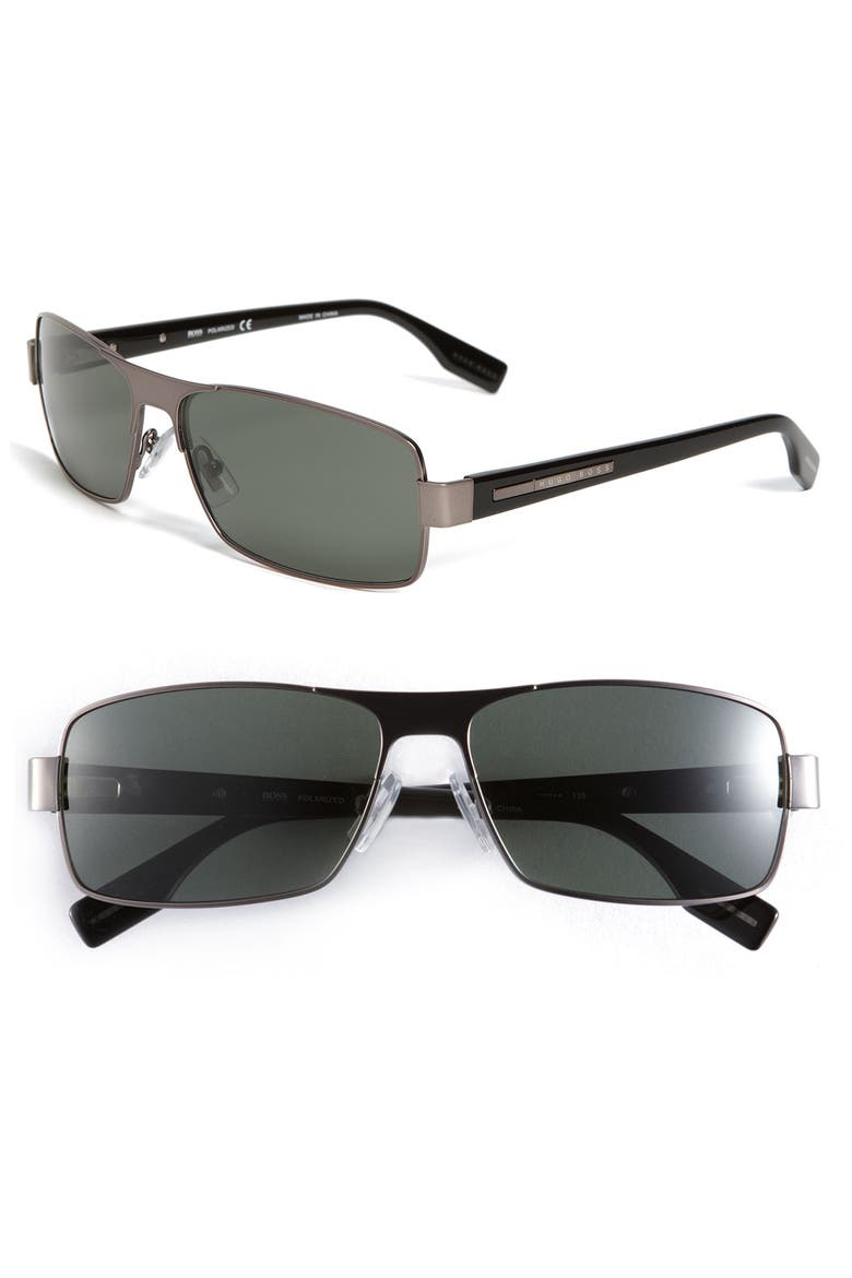 Black Polarized Rectangle Sunglasses, Main, color, Silver