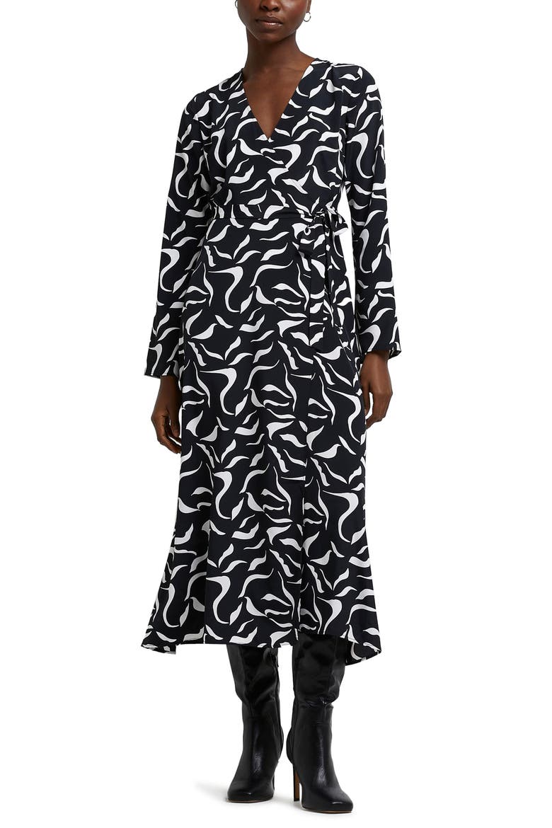 Abstract Print Long Sleeve Wrap Dress, Main, color, BLACK