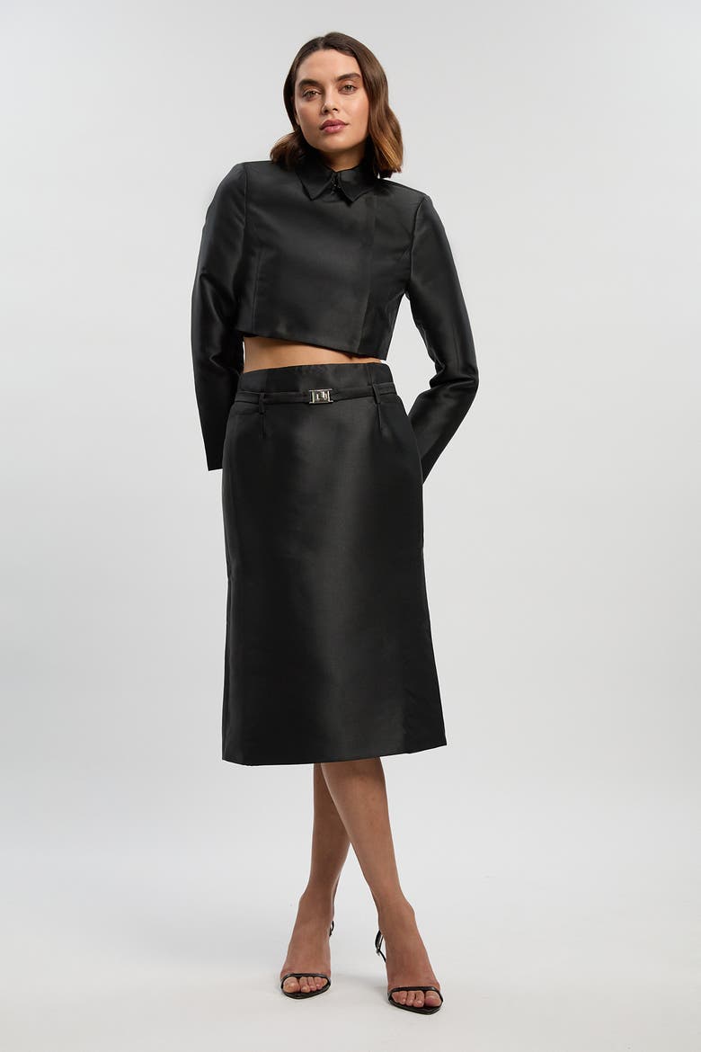 Satin Twill Belted Tailored Midi Skirt, Alternate, color, Black