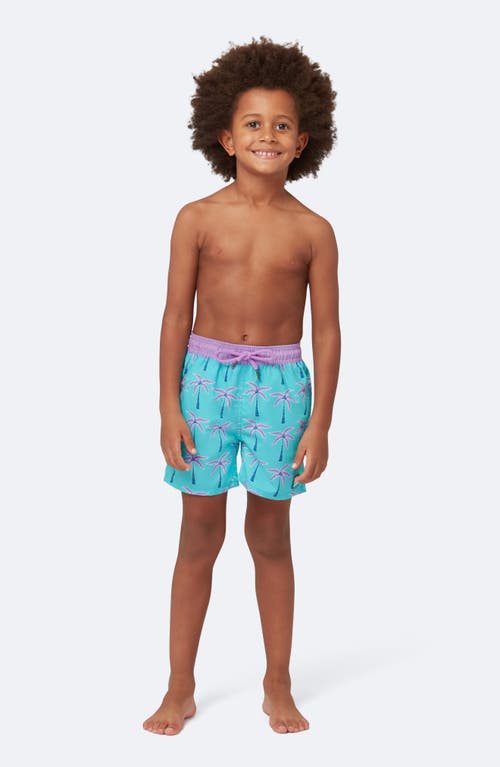 Tom & Teddy Kids' Palm Tree Print Performance Swim Trunks In Aqua Violet