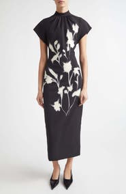 Lela Rose Stella Floral Crepe Midi Dress