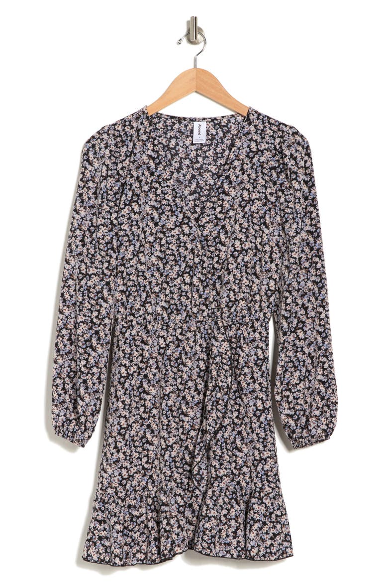 Long Sleeve Ruffle Hem Wrap Dress, Alternate, color, BLACK DAISY CLUSTER
