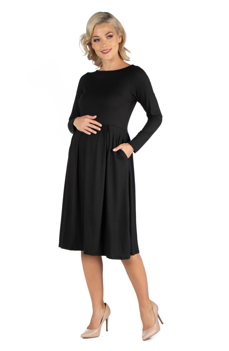 24seven Comfort Apparel Maternity Midi Length Fit and Flare Pocket Dress, Alternate, color, Black