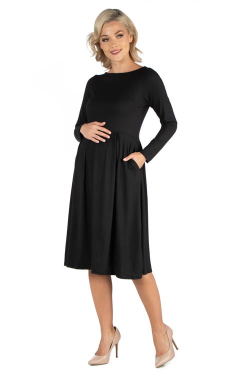 24seven Comfort Apparel Midi Length Fit And Flare Pocket Maternity Dress In Black