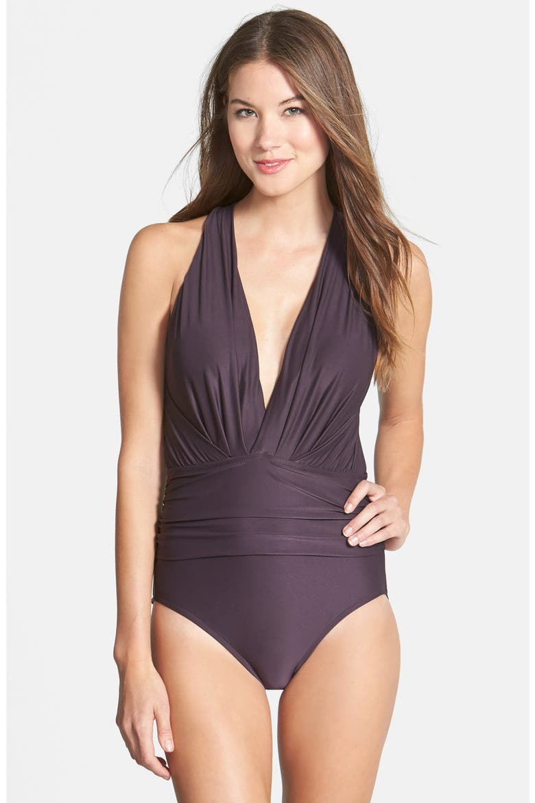 Badgley Mischka Dip Back Maillot Swimsuit, Main, color, DARK COCONUT
