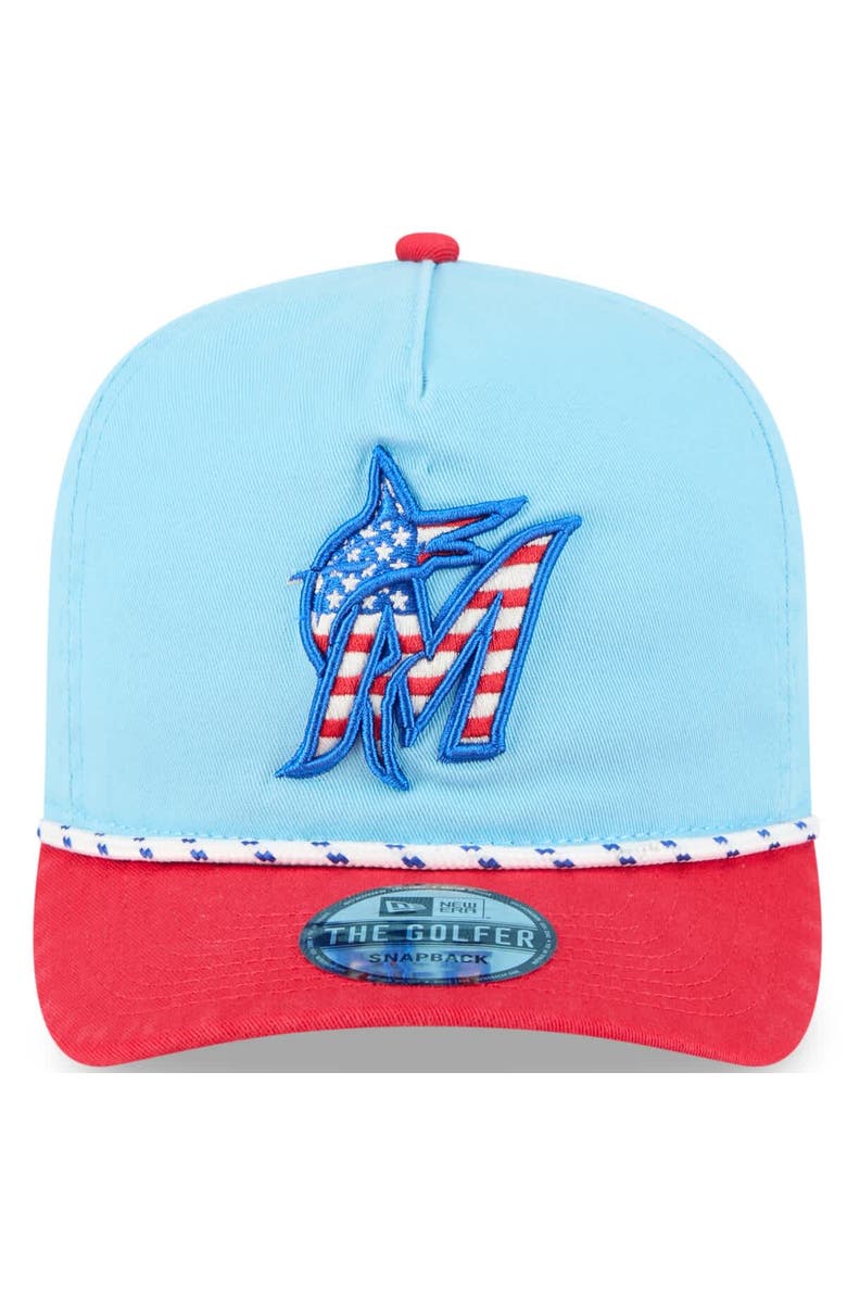 New Era Men's New Era Light Blue/Red Miami Marlins 2025 Fourth of July Golfer Snapback Hat, Alternate, color, Light Blue