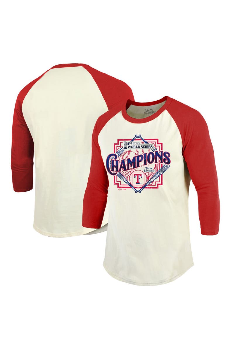 Majestic Threads Men's Majestic Threads Cream/Red Texas Rangers 2023 World Series Champions Raglan 3/4-Sleeve T-Shirt, Main, color,