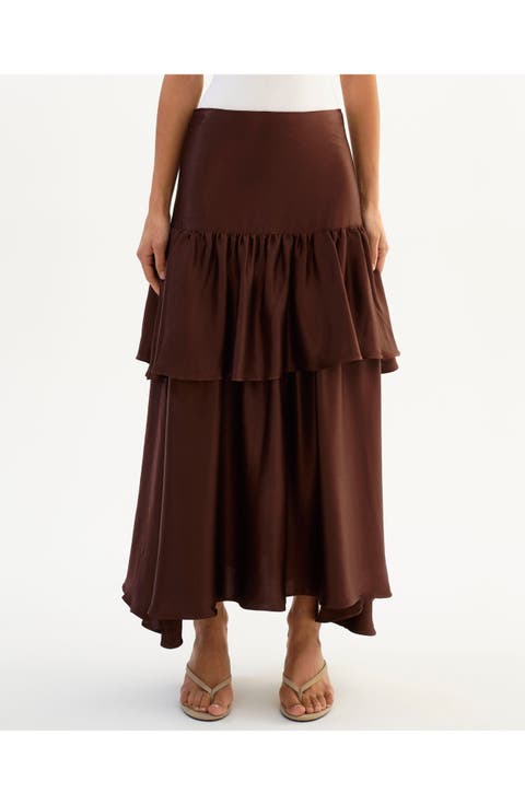 CHALINA | Ruffle Satin Midi Skirt
