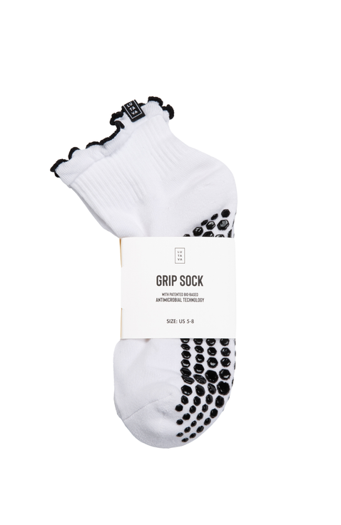 Antimicrobial Grip Sock- White Ruffle Black Grip - 4 Pack