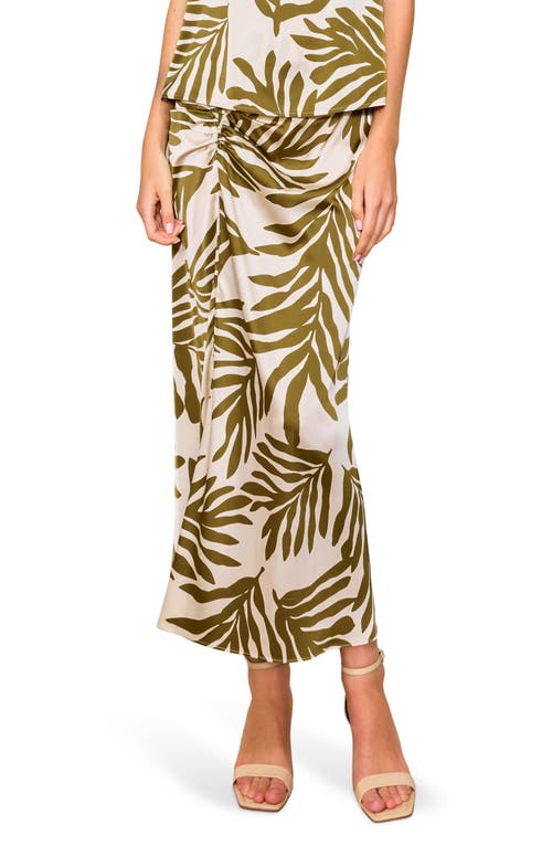 Melloday Floral Satin Ruched Midi Skirt In Olive Cream Leaf