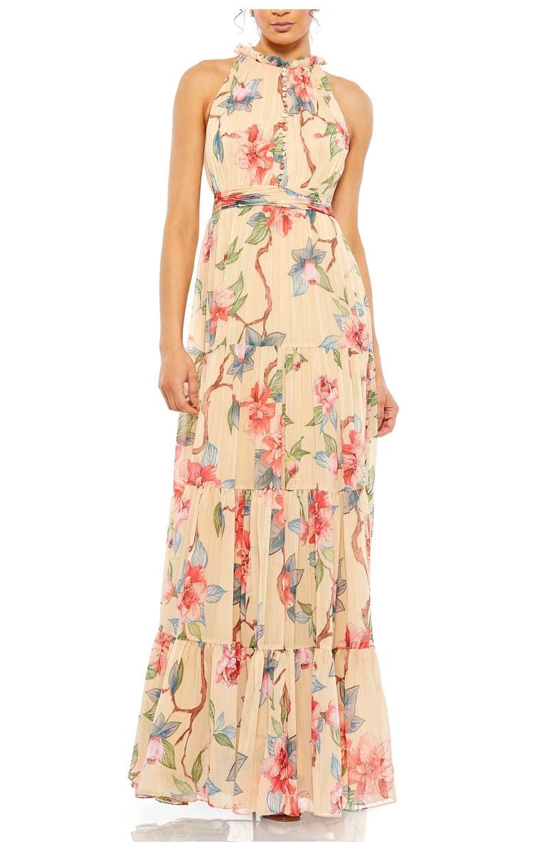 Mac Duggal Floral Button High Neck Maxi Dress, Main, color, Nude Multi